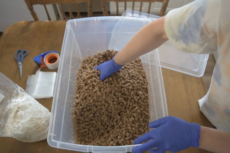 A man has his hands in a clear tote filled with wood.